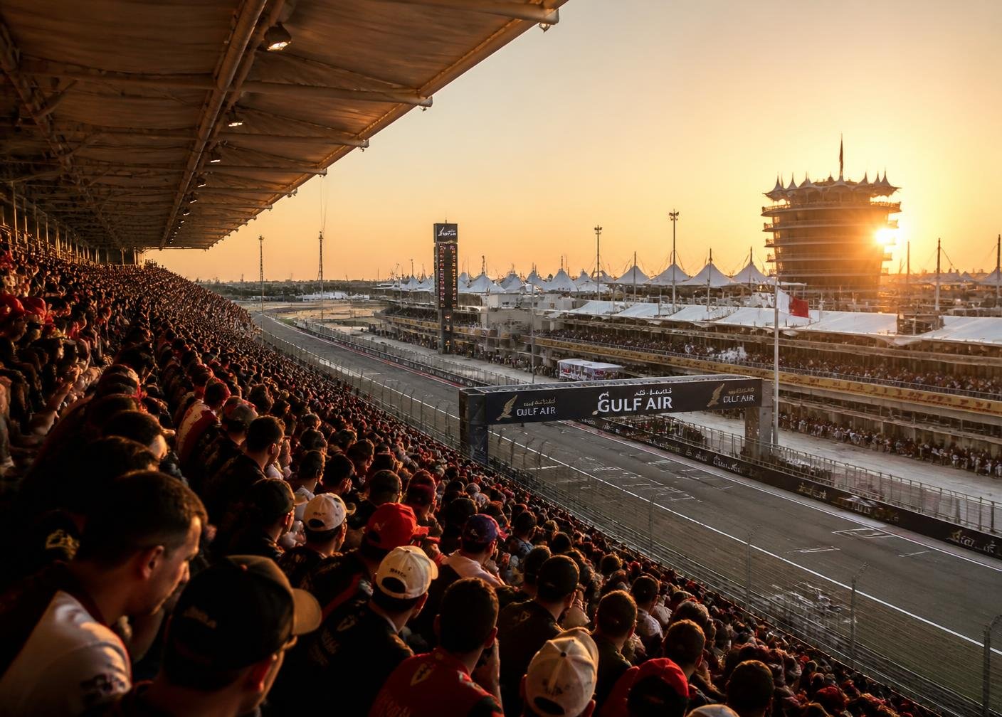 Full grandstand overlooking the start-finish straight at golden hour